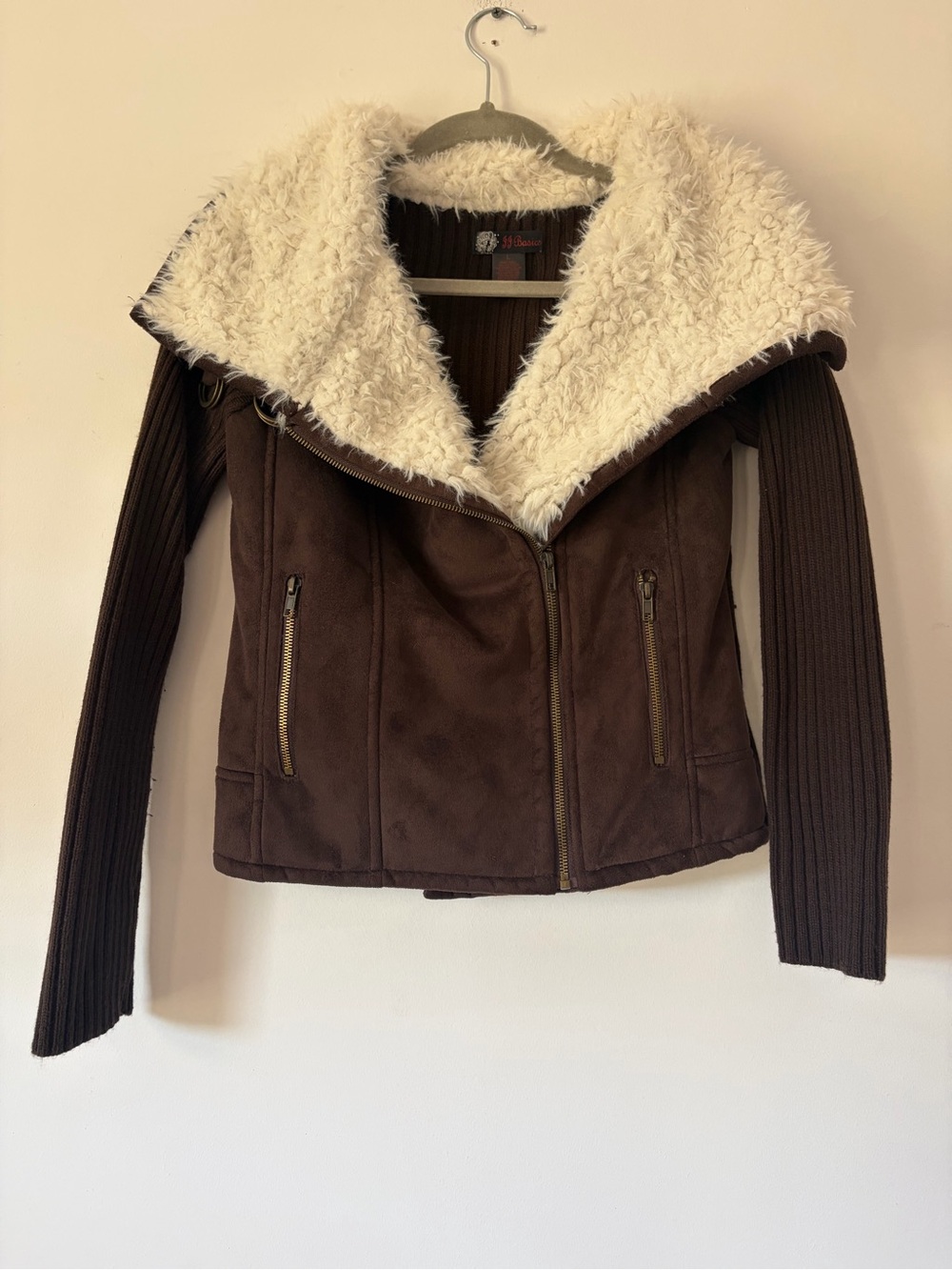 Y2K faux suede fur collar zip up moto jacket coat brown white fur 90s y2k sz L